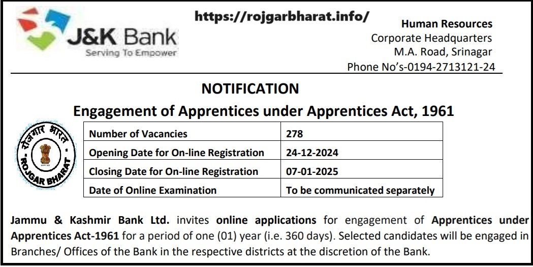 JK Bank Apprentice Recruitment 2024 Apply Online 